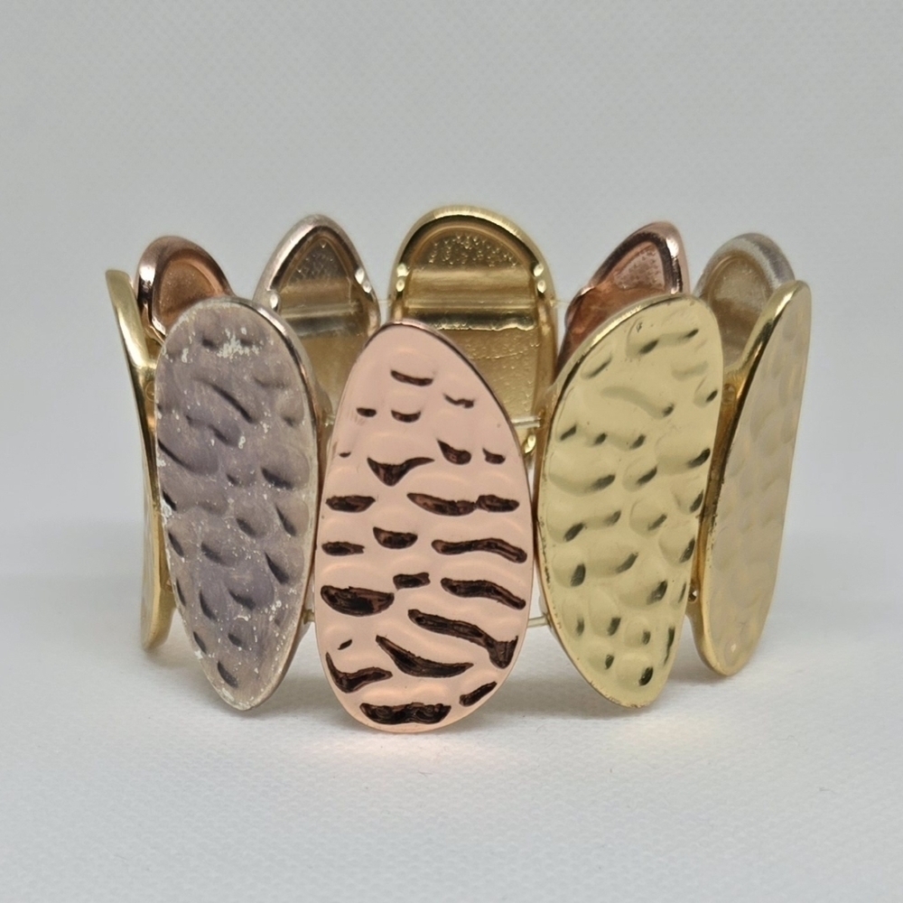 Tri Tone Statement Bracelet Gold Silver Copper Stretch Wide Cuff